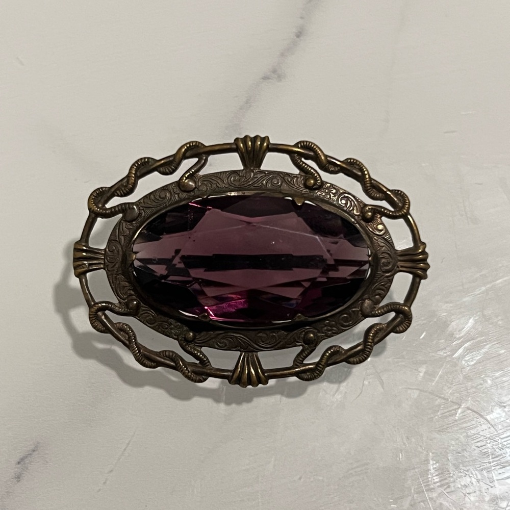 Vintage Art Nouveau Purple Glass Brooch with Intricate Design